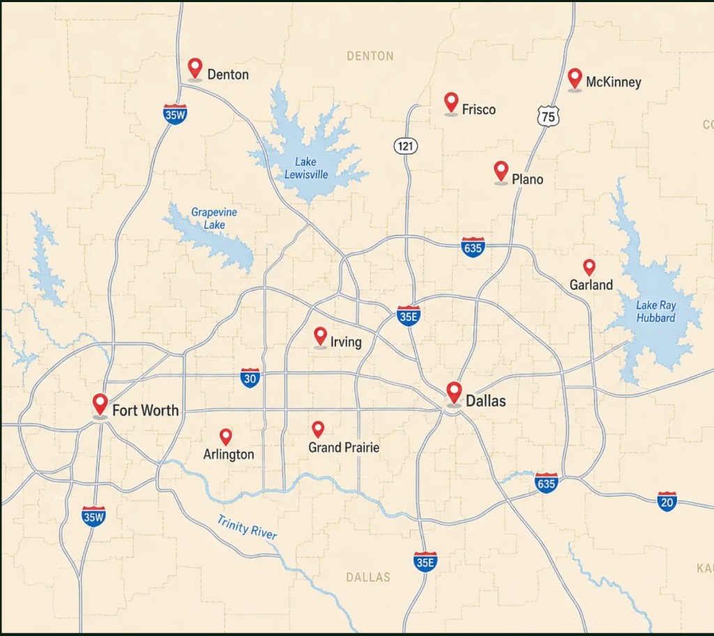 Map of the Dallas–Fort Worth metroplex service area